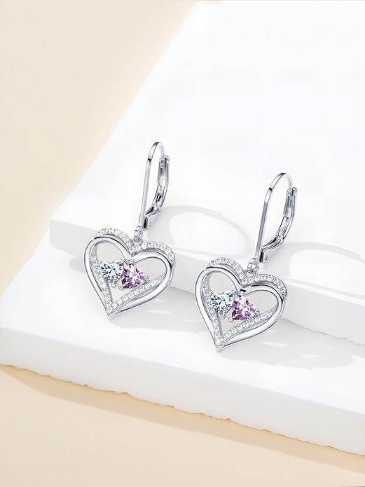 Valentines Day Gifts for Women, Heart Leverback Earrings Double Birthstone Dangle Earrings for Women, Love Jewelry for Her, Anniversary Birthday Gift for Mom Wife Girlfriend