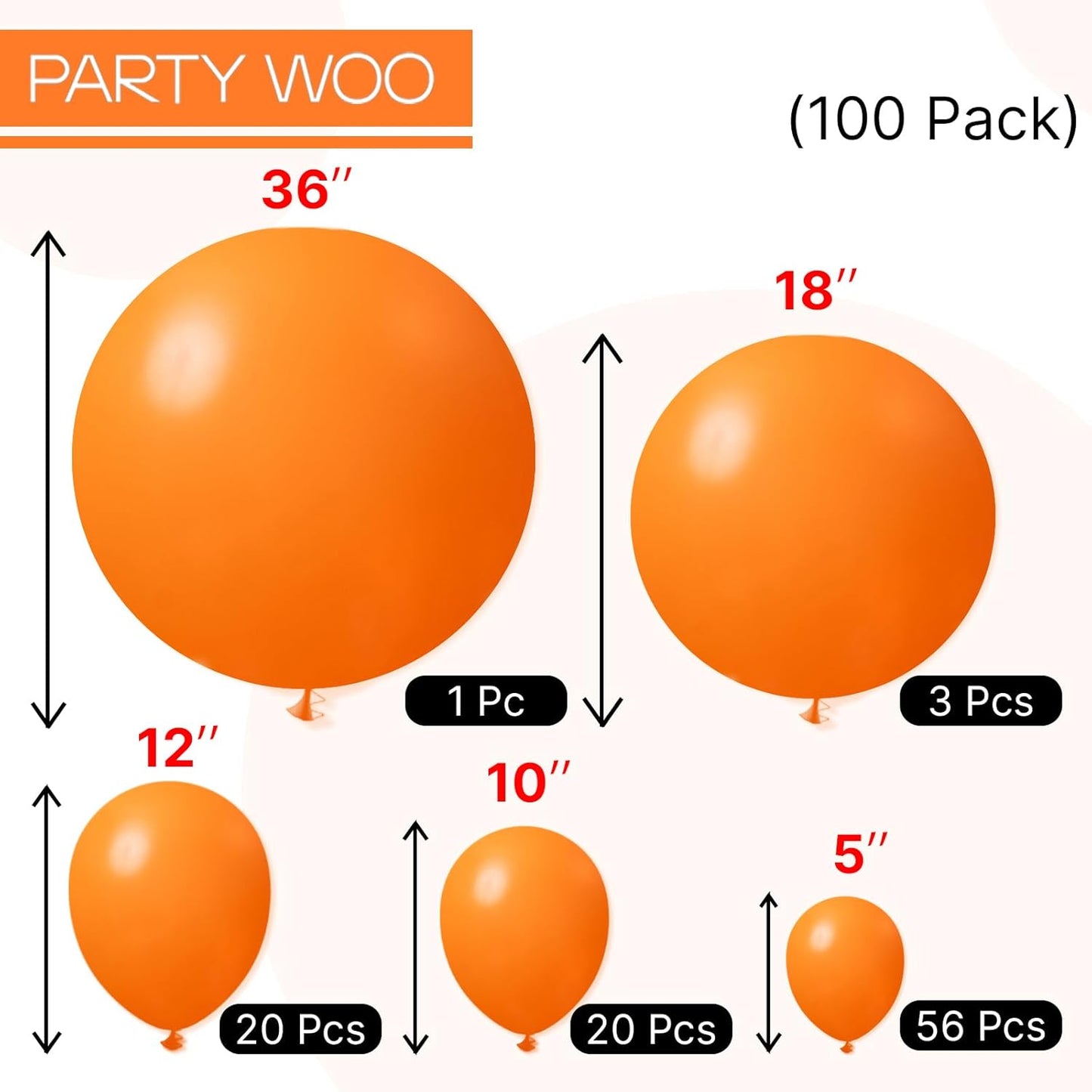PartyWoo Tangerine Orange Balloons, 100 pcs Dark Different Sizes Pack of 36 Inch 18 Inch 12 Inch 10 Inch 5 Inch Deep for Balloon Garland as Party Decorations, Orange-Y9