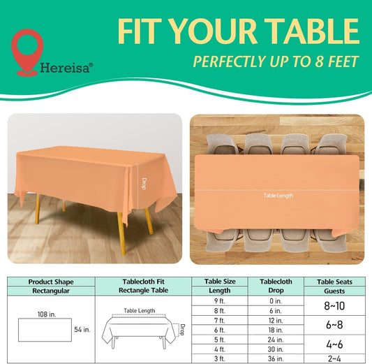 Disposable Peach Plastic Tablecloth 54x108 Inch, 10-Count Waterproof Rectangle Table Cover for Events, Catering