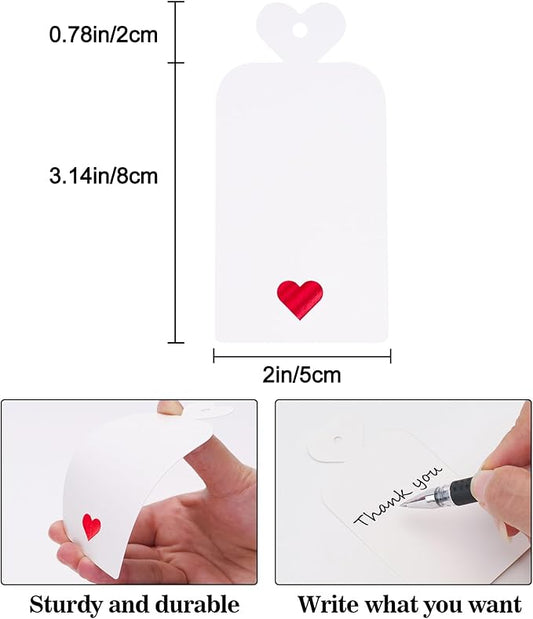 joycraft 100pcs Blank Gift Tags with String, 4x2 in White Paper Tags with Foil Red Heart, Personalized Gift Wrapping Labels for Birthday, Baby Shower, Wedding, Valentine's Day