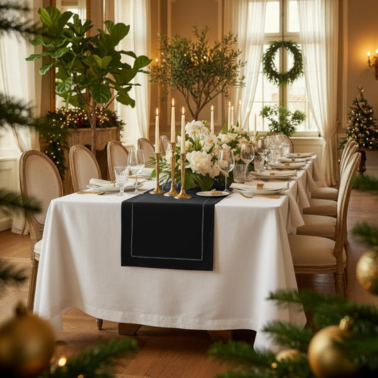 D'Moksha Homes Linen Black Table Runner 120 Inches Long - 100% Pure Linen Hemstitch 14 x 120 Inch Table Runner for Dining, Fall, Autumn and Halloween - Classic Hemstitch