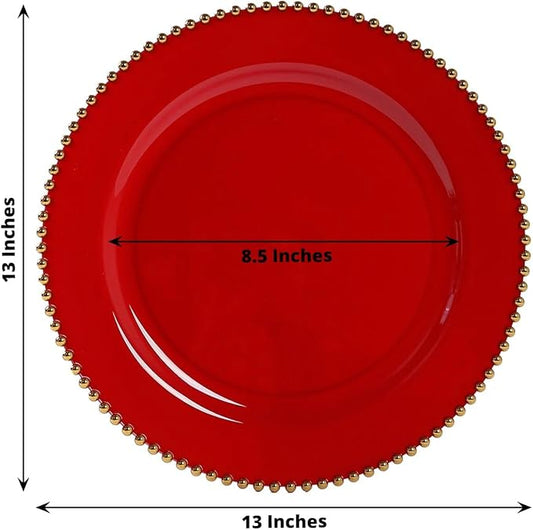 Efavormart 10-Pack Economy Plastic Charger Plates 13" Round Red with Gold Beaded Rim - Stylish Dinner Party Serving Plates