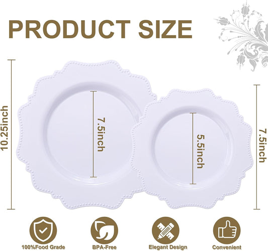 COLOSUS 100 pcs White Plastic Plates Set,Fancy Beaded Plates-European Retro plates include 50 dinner plates and 50 dessert plates,Plastic Disposable plates for Halloween,Thanksgiving,BBQ and Party