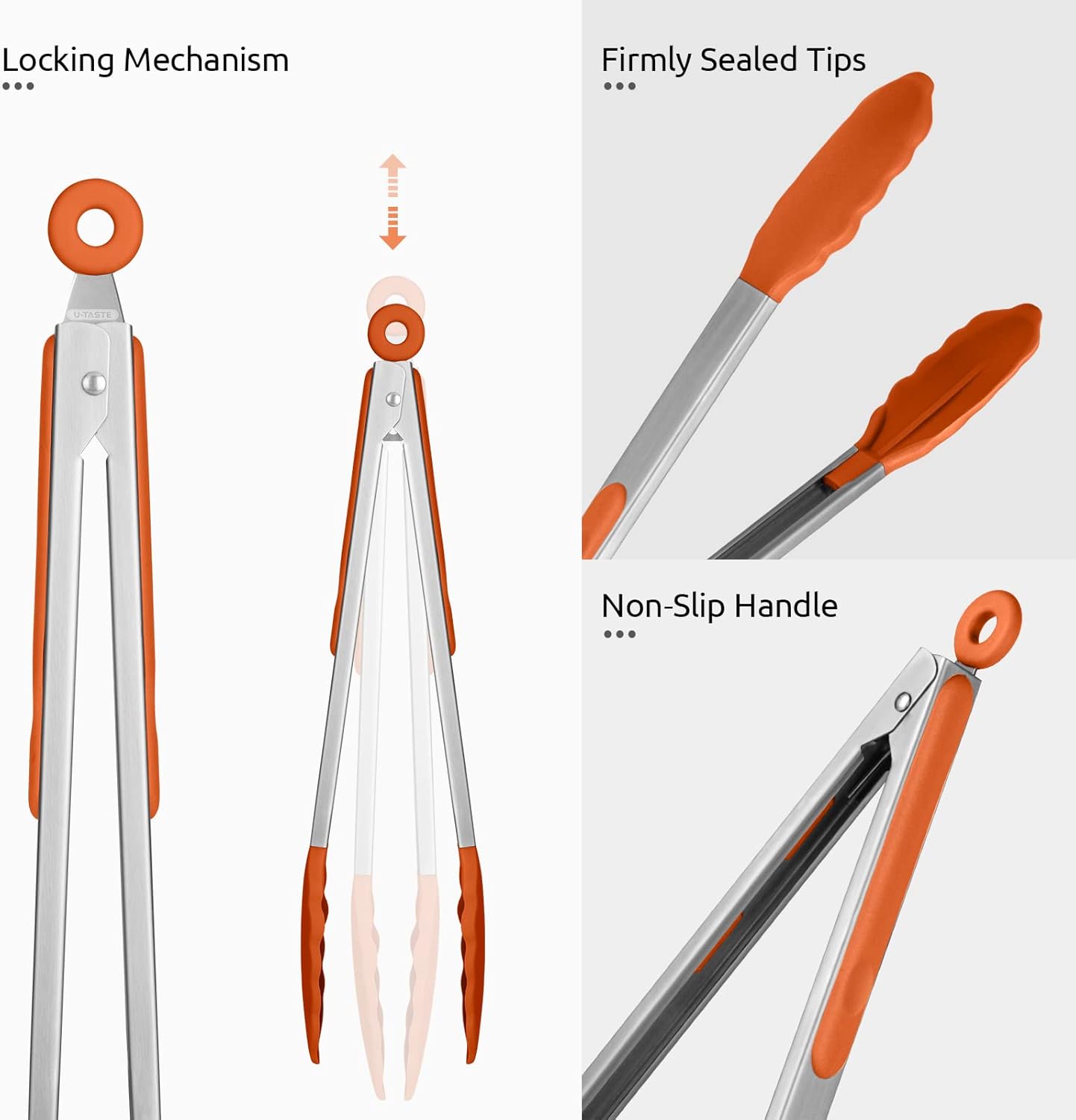 600ºF Heat Resistant Kitchen Tongs: U-Taste 12 inch Large Silicone Cooking Tong with Sturdy Non Stick Rubber Tips & Silicon Coated 18/8 Stainless Steel Handle & Smooth Locking for Serving Grill-Orange