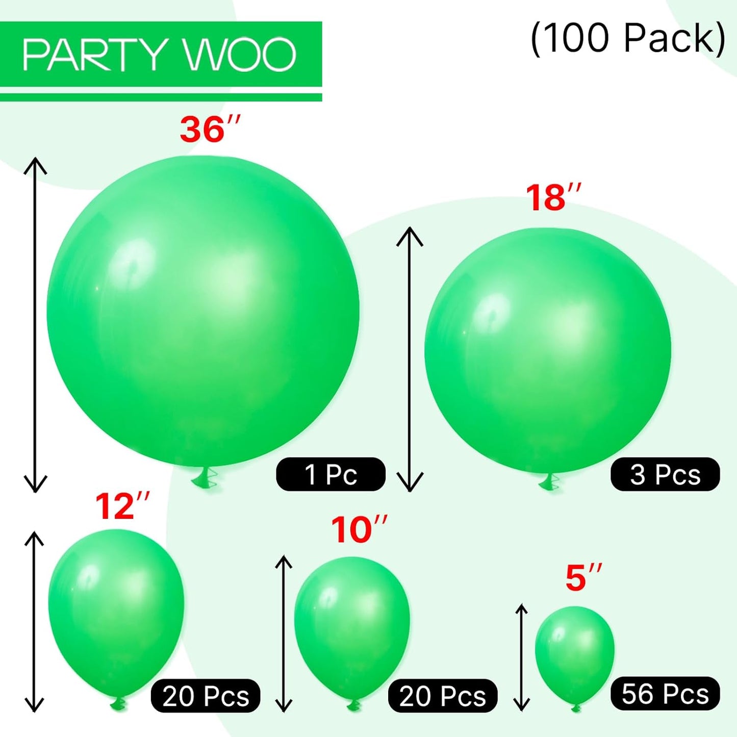 PartyWoo Malachite Green Balloons, 100 pcs Clover Different Sizes Pack of 36 Inch 18 Inch 12 Inch 10 Inch 5 Inch for Balloon Garland Arch as Party Decorations, Green-Y24