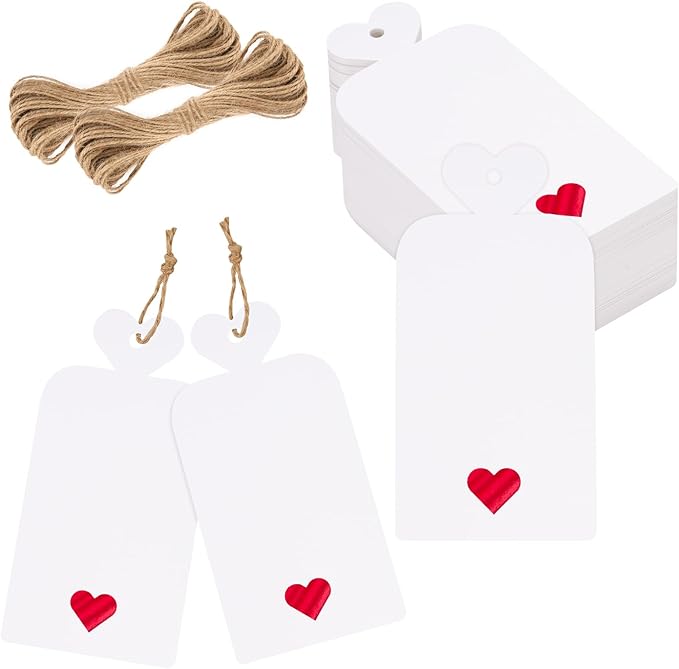 joycraft 100pcs Blank Gift Tags with String, 4x2 in White Paper Tags with Foil Red Heart, Personalized Gift Wrapping Labels for Birthday, Baby Shower, Wedding, Valentine's Day