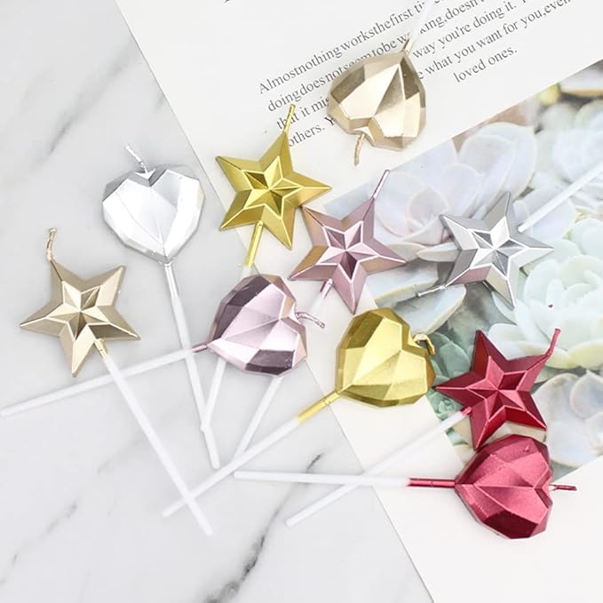 Saododku Birthday Candles, 5pcs Silver Birthday Candles for Cake, Star Shaped Sparkler Candles for Birthday Cake, Metallic Color Stereo Shaping Cake Candles Set