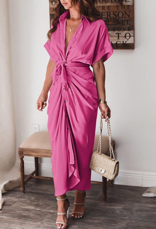 Women Elegant Satin Button Down Short Sleeve Maxi Shirt Dress with Belt