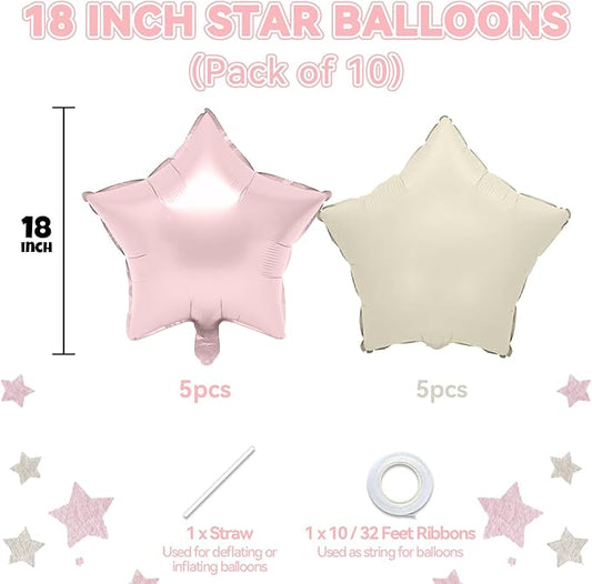 Biapian Baby Pink Star Foil Balloons, 10PCS Light Pink Cream White Foil Stars Shape Balloon, 18 Inch Stars Balloons for Helium Pentagram Balloon for Girls Birthday, Baby Shower Party Decoration