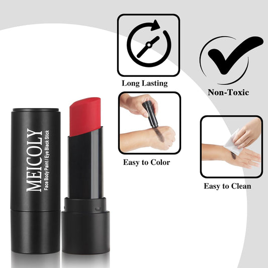 MEICOLY Red Face Body Paint Stick for Halloween SFX Cosplay Corpse Devil Clown Makeup,Red Face Paint for Adults and Kids,Waterproof Eye Black Stick for Baseball Softball Football Lacrosse
