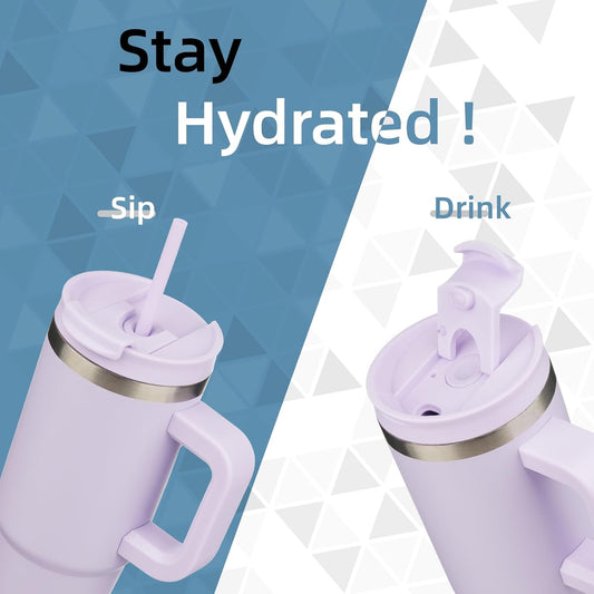 40 oz Tumbler with Handle and 2 Straws,2 in 1 Lid Insulated Water Bottle Stainless Steel Travel Coffee Mug,Wisteria