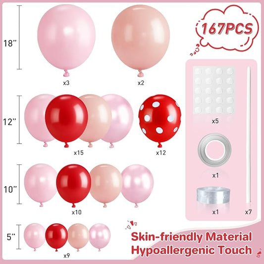 Red and Pink Balloon Garland Arch Kit, 167Pcs latex Balloons Different Sizes 18 12 10 5 inch for Women Girl Birthday Baby Shower Wedding Valentines Day Party Decorations
