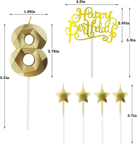 Golden Number 80 Birthday Candles and Star Birthday Candles, 2.76 inch, 3D Diamond Shaped, Suitable for Birthday Parties and Anniversary Cake Decorations