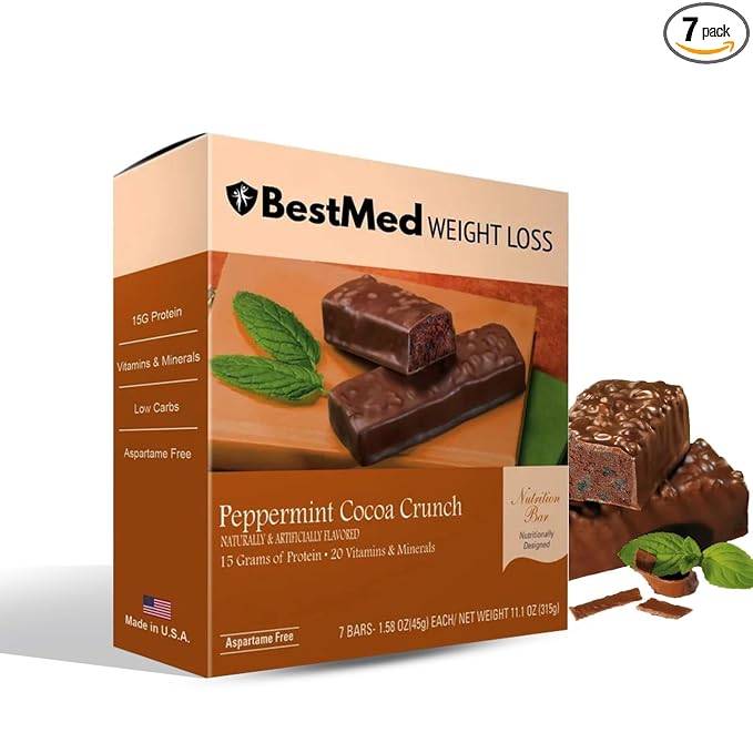 BestMed - High Protein Nutrition Bar - Low-Carb, 15g Protein, Low Sugar, High Fiber, Low Calorie, Meal Replacement Bar (Peppermint Cocoa, 1 Box - 7 Count)