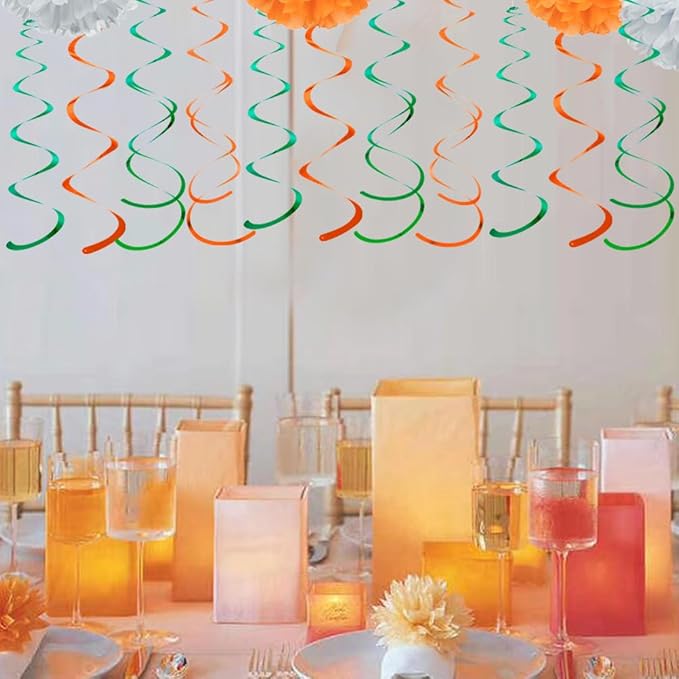MOWO Orange and Green Foil Swirl Hanging Decoration Streamer for Birthday Graduation Summer Jungle Tropical Theme Party, Pack of 20