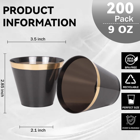 supernal 200 Pcs Gold and Black Plastic Cups-9oz Heavy Duty Plastic Cups,Gold Rimmed Disposable Cups,Disposable Wine Glasses Perfect for Wedding,Birthday Parties,Thanksgiving,Christmas