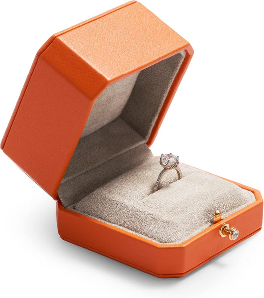 Oirlv Leather Small Ring Box Velvet Ring Display Case Orange Leather Mini Jewelry Box for Women Birthday Gift for Daughter