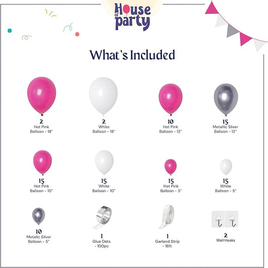 HOUSE OF PARTY Pink Party Decorations - Pink White Silver Balloon Arch Kit 18/12/10/5 Inch | Backdrop for Valentines, Bachelorette, Gilrs, Women Birthday Party Decorations