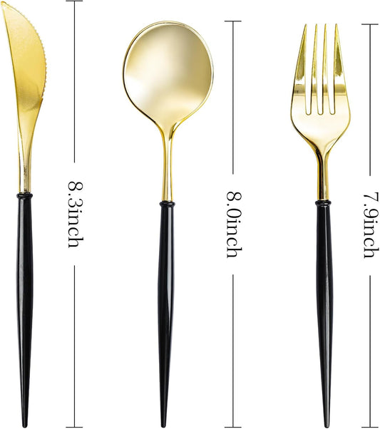 N9R 150Pcs Gold Plastic Silverware - Gold Disposable Cutlery Set with Black Handles with 50 Forks, 50 Spoons and 50 Knives - Perfect for Parties,Halloween, Birthdays, Wedding and Everyday Use