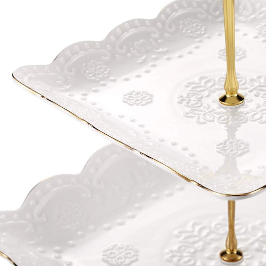 3-Tier Square Ceramic Cupcake Stand, High Tea Stand for Party or Holiday Hosting (with Gold Edge)