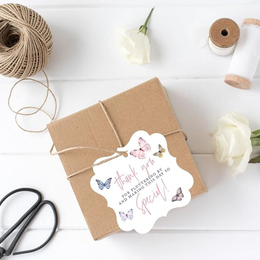 Andaz Press Fancy Frame Kids Party Favor Thank You Tags with String, 48-Pack Butterfly Birthday Gift Tags for Gift Bags, Favor Bags, Goody Bags, Girls, Pastel Butterfly 1st Birthday Party Favors