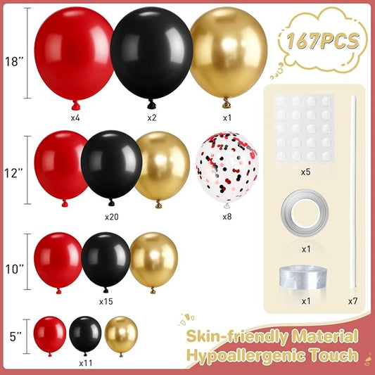 Red Black Gold Balloons Garland Arch Kit, 167Pcs Latex Balloons Different Sizes 18 12 10 5 inch for Graduation Birthday Hollywood Movie Night Casino Theme Party Decorations