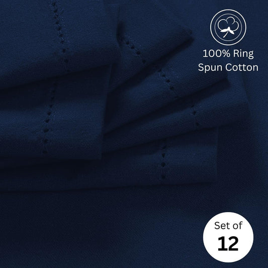 Hemstitch Cloth Dinner Napkins 100% Cotton Set of 12 - for Dining Special Occasions Weddings Parties Holidays Easter - Soft Durable Reusable - 18x18 Inch Table Cloth Napkins Navy Blue