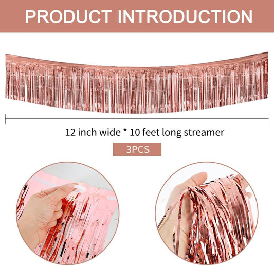 BEISHIDA 3 Packs 30 Feet Metallic Foil Fringe Garland Tinsel Streamers,Shiny Rose Gold Wall Hanging Tinsel Fringe Banners for Wedding Birthday Party Decoration Halloween Christmas New Year