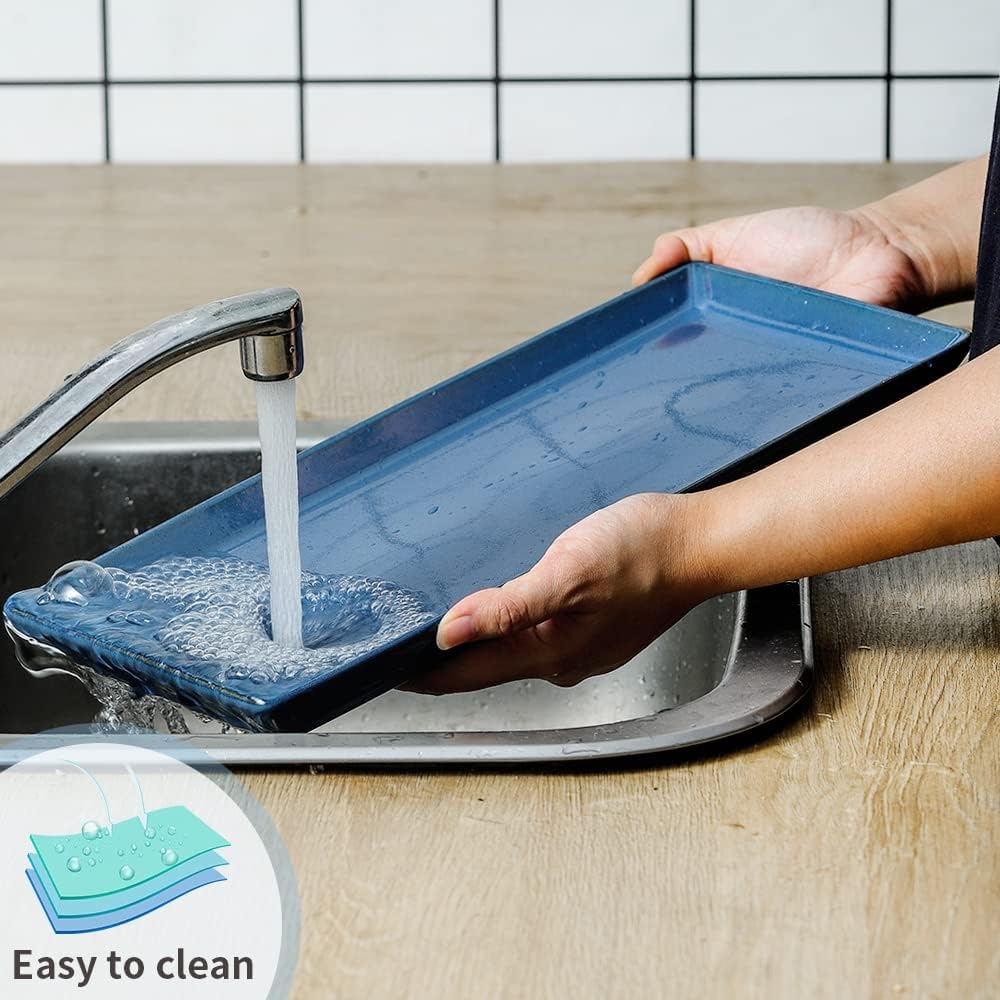 Ceramic Serving Tray, 14 Inches Large Serving Platter, Rectangular Serving Tray, Porcelain Serving Plates, Ceramic Serving Dishes for Dinner, Party, Sushi, Dessert, Food, Set of 4 (Stone Blue)