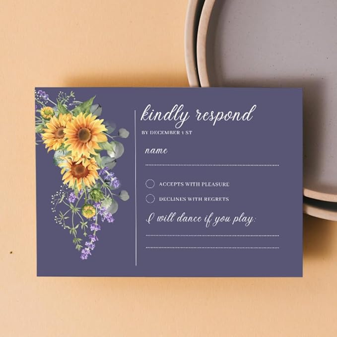 Preprinted Purple and Yellow Sunflower Wedding or Party RSVP Cards, Personalized Response Card Glossy Finish With White Envelopes, Set of 15 with Envelope, 5x3.5 inch Cards (Navy Blue)