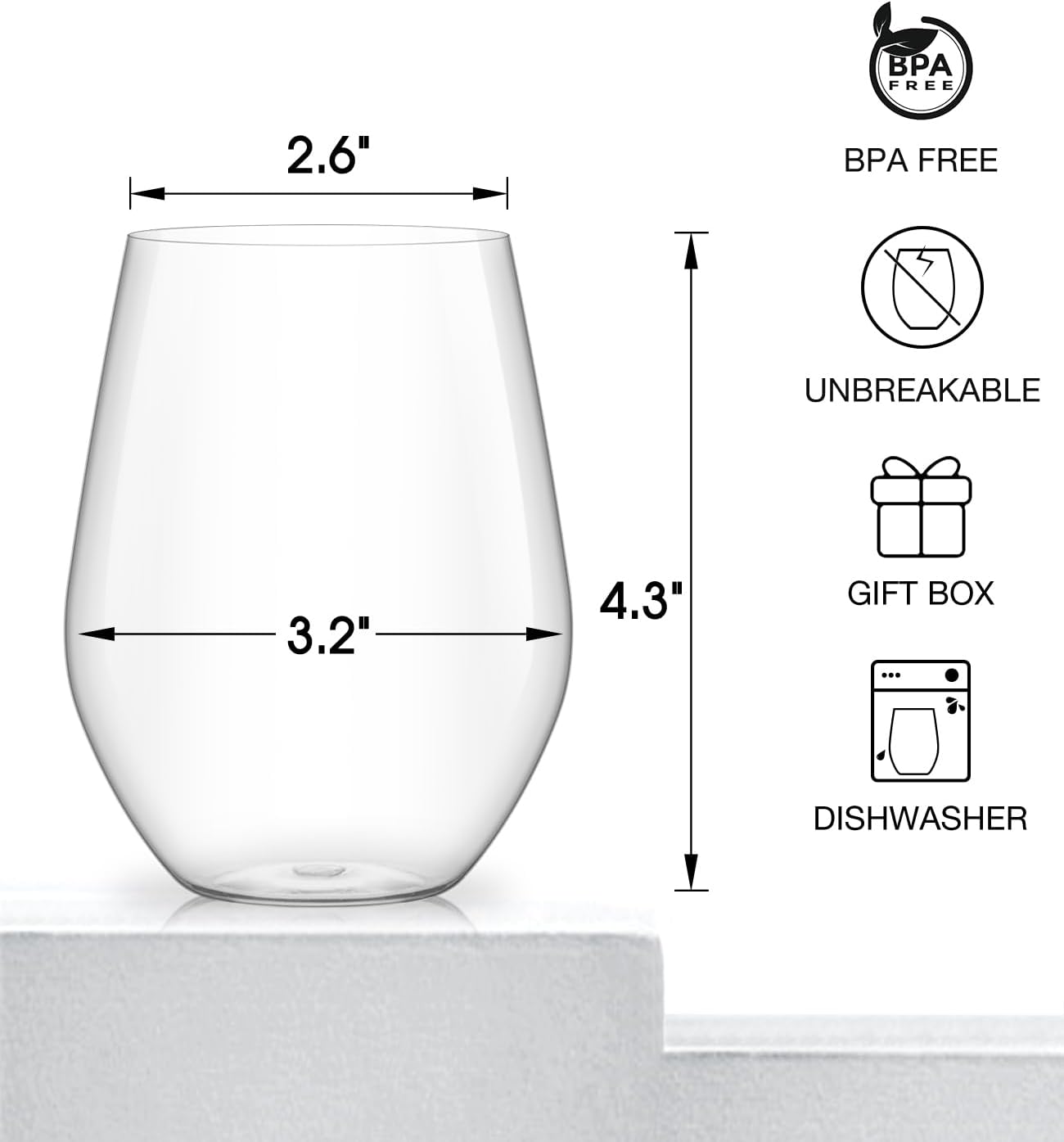 Unbreakable Plastic Stemless Wine Glasses Set of 6, Tritan Plastic Wine Glass BPA Free, Reusable Drinking Glassware for Outdoor Use, Poolside, Party, Camp, 16 OZ Clear