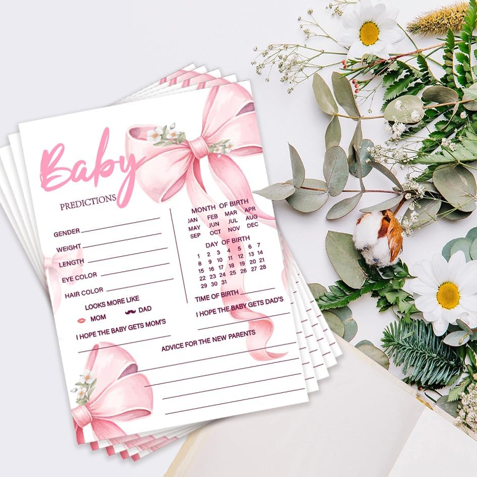 50Pcs Baby Prediction Cards for Baby Shower Games, Fall Pink Bow Wish and Advice Cards with Box for Baby Shower Decorations, Gender Reveal Boy or Girl Decor (Bow) (Pink Prediction)
