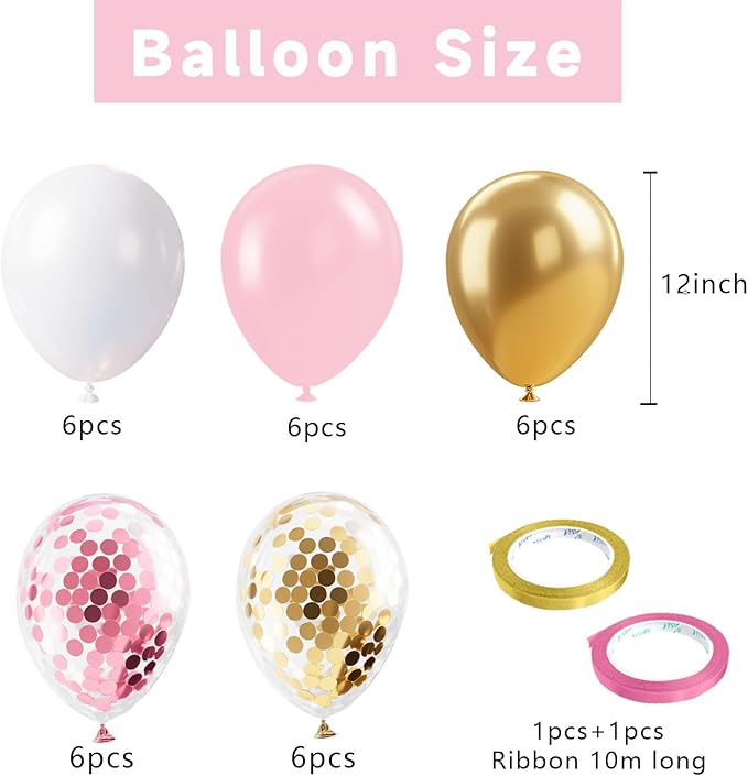 Pink Gold Confetti Balloons 12 inch White Pink Gold Birthday Balloons for Women & Girl Party Supplies for Baby Shower Wedding Bridal Shower Graduation Bachelorette Princess Party