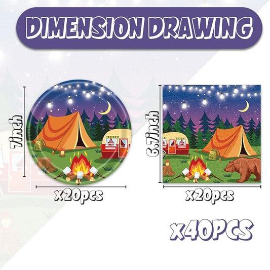 40pcs Camping Party Supplies Campfire Hiking Camper Theme Birthday Paper Plates and Napkins Set for Boys Kids Campfire Barbecue Birthday Party