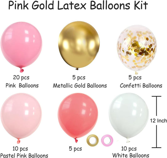 Pink and Gold Balloons Set, 50pcs 12 inch Pink White Gold Latex Balloons for Girl Birthday Wedding Bridal Shower Graduation Party Decoration