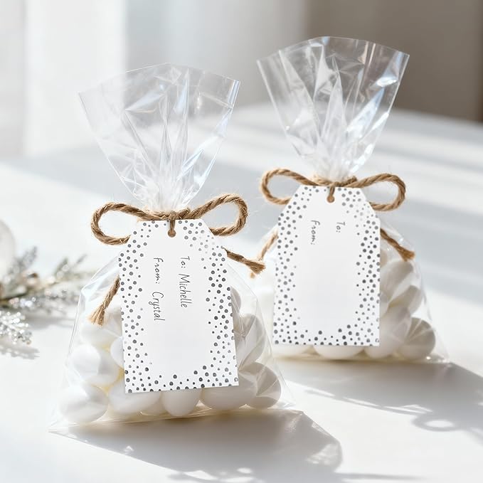 Anwyll Gift Tags with String - 50Pcs Silver Foil Name Gift Tags Confetti Polka Dot to from Gift Bag Tag Personalized Hang Paper Label Tag for Baby Shower Birthday Party Wedding Christmas Favors
