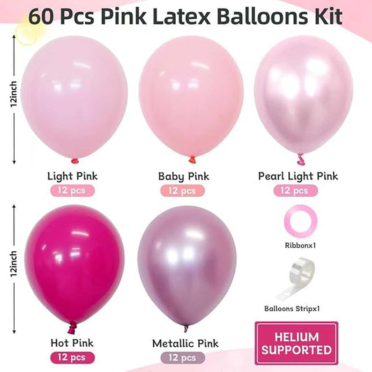Pink Balloons 60 PCS 12 Inch Hot Pink Balloons Light Baby Pink Metallic Pink Latex Balloons for Girls Birthday Party Baby Shower Bridal Shower Wedding Party Decoration