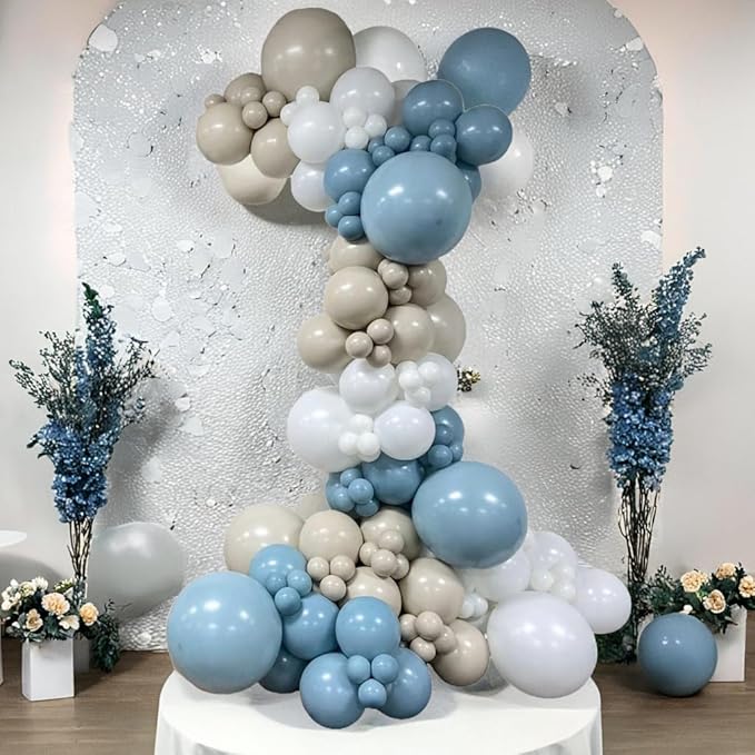 Dusty Blue White Sand Balloon Arch Garland Kit-145pcs Neutral Nude Dusty Blue Balloons for Birthday, Christening, Baby Shower, Bridal Shower, Baptism Decorations