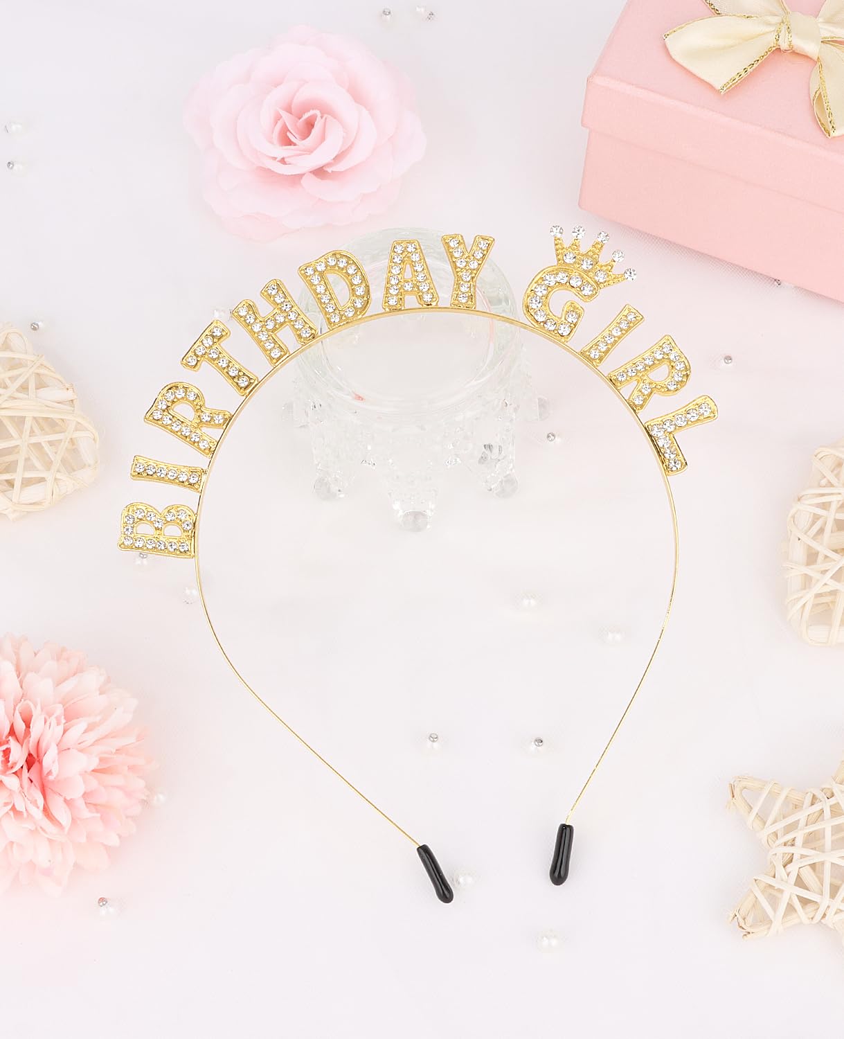 Wecoe Gold Birthday Girl Headband - Sparkling Rhinestone Tiara Crown Hair Accessories for Women Girls - Happy Birthday Party Decorations, Princess Birthday Gift Idea