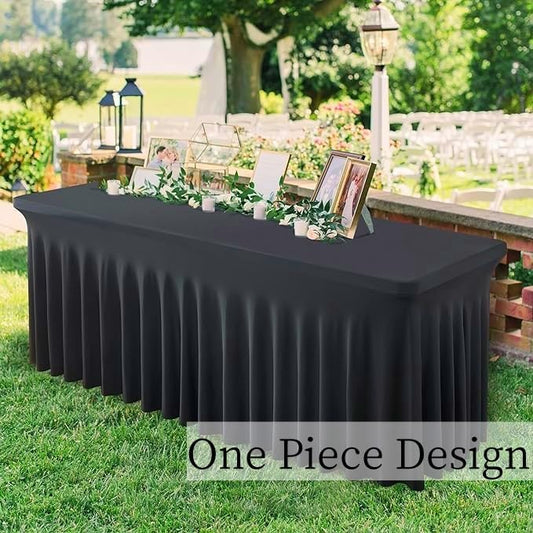 CoFashion Black 8ft x 30" Rectangular Spandex Table Cover with Wrinkle-Resistant Ruffles, One-Piece Table Covers for Wedding, Banquet, Birthday Parties