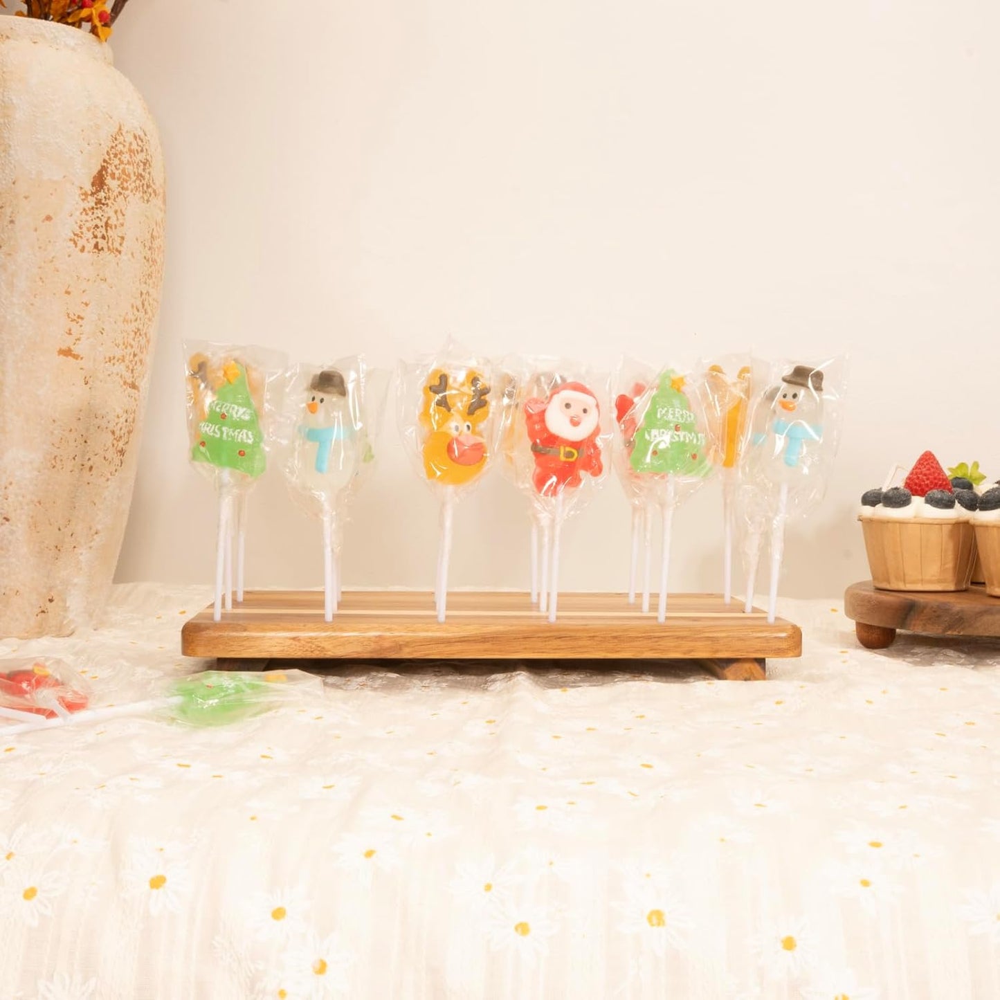 Wood Cake Pop Stand Display Riser 24 Holes Acacia Wood Lollipop Display Stand Holder for Weddings Baby Showers Birthday Party Anniversaries Holiday - Fit 5/32" (4mm) Lollipop Sticks (Brown)