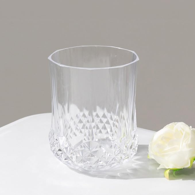 Efavormart 6 Pack Clear Crystal Cut Plastic Stemless Wine Glasses, 8oz Shatterproof Reusable All-Purpose Whiskey Cups