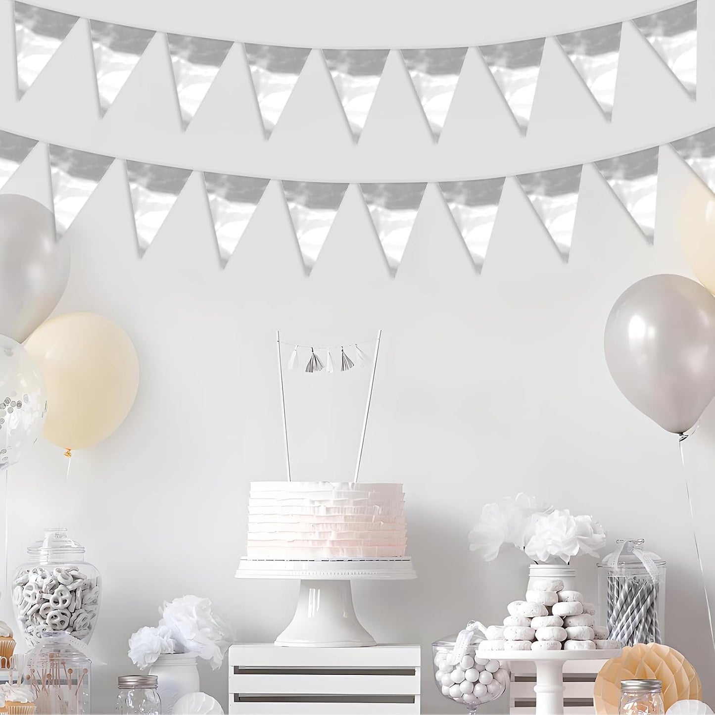 65FT Silver Glitter Triangle Pennant Banner Flag Metallic Bunting Fabric Garland for Christmas Graduation Wedding Engagement Anniversary Bachelorette Birthday Bridal Shower Valentine's Party Supplies