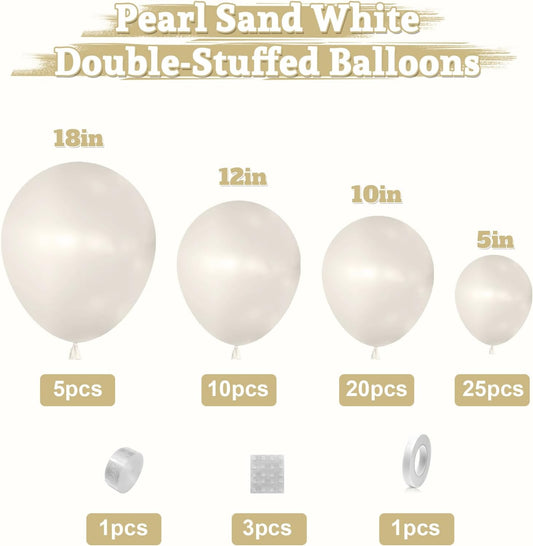 Pearl White Double-Stuffed Balloons Arch Garland Kit, 60 Pack 18/12/10/5 Inch Different Size Sand White Pearl Ivory Balloons for Wedding Bridal Shower Anniversary Birthday Engagement Decor