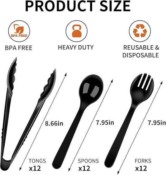 36 PCS Disposable Serving Utensils for Party - 12 Set Including Black Plastic Spoons, Tongs and Forks