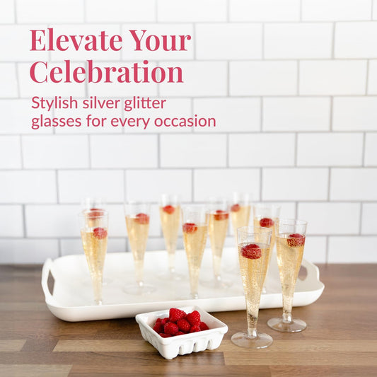 Prestee 200 Disposable Champagne Flutes Plastic 200 Pack - Silver Glitter Champagne Flutes for Weddings, Parties, and New Year’s Eve - 4.5 Oz Plastic Silver Party Glasses