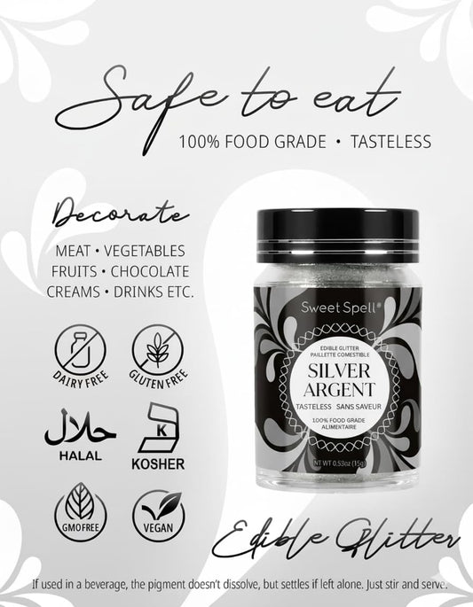 Sweet Spell Edible Glitter (15g) - Shimmer Sparkles for Drinks, Cakes, Cocktails - 100% Edible & Food Grade Glitter, Vegan, Gluten-Free (Silver)
