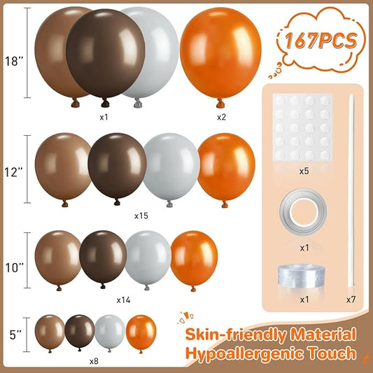 Brown and Orange Balloon Garland Arch Kit, 167Pcs Burnt Orange Dark Chocolate Brown Dusty Gray Balloons for Boho Birthday Bridal Baby Shower Thanksgiving Wedding Party Decoration