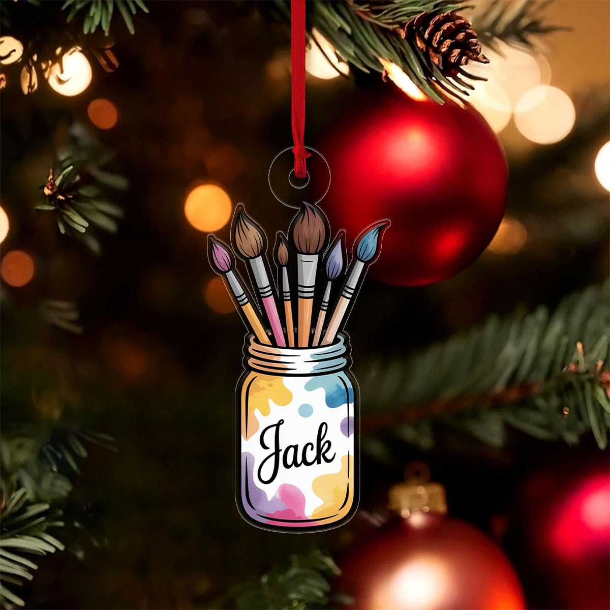 Personalized Jar of Paint Brushes Ornament, Custom Painter Christmas Ornament, Artistic Holiday Gift, Creative Keepsake for Artists Acrylic Ornament – Personalized Christmas Tree