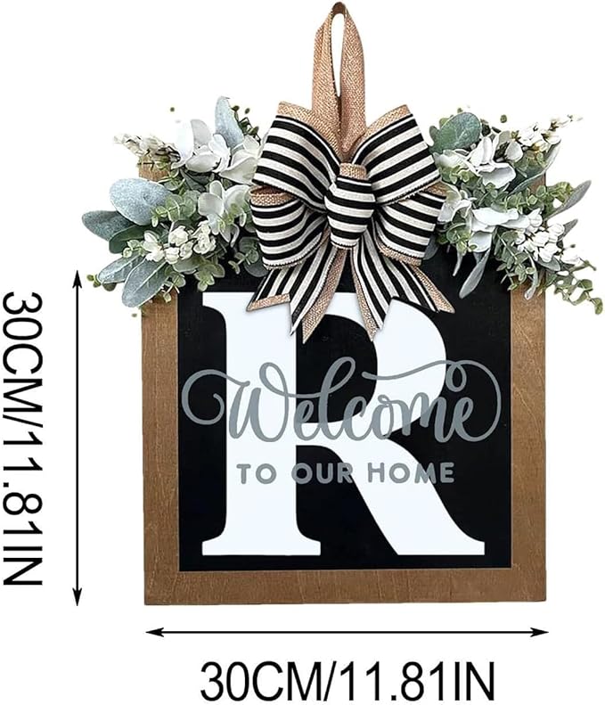 Last Name Year Round Front Door Wreath Front Porch Decoration 26 Letter Welcome Sign with Eucalyptus Garland and Bow Spring Wreaths for Front Door Outside Hanger Garland(R)